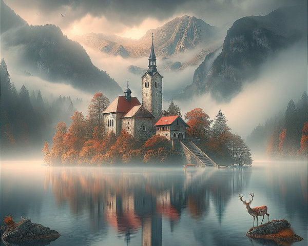 Majestic Castle on Island in Misty Autumn Landscape