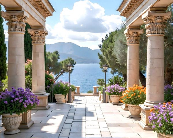 Seaside Terrace with Stone Columns and Vibrant Flowers