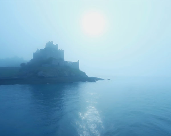 Mysterious Castle on Foggy Rocky Coastline
