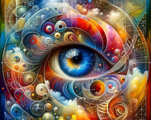 Colorful Eye Surrounded by Cosmic Patterns and Formulas