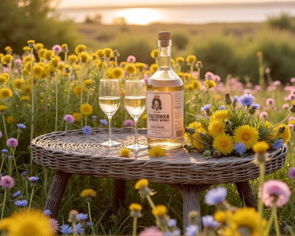 Wicker Table with Wine and Wildflowers at Sunset