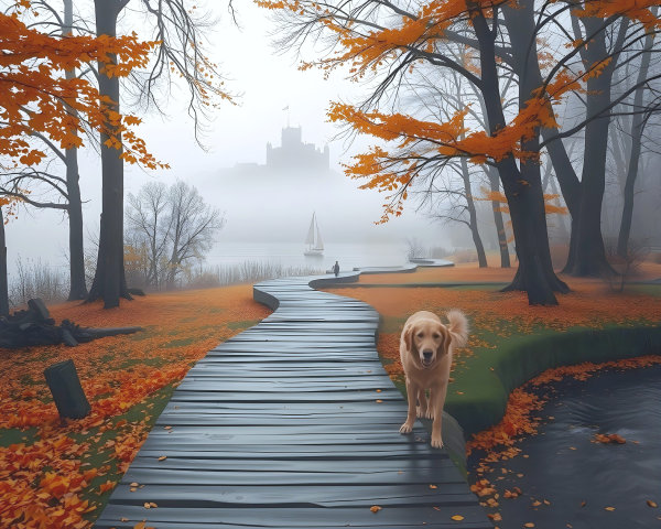 Autumn Scene with Wooden Path and Lake Reflection