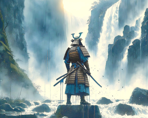 Samurai in Blue Armor Overlooking Waterfall Scene