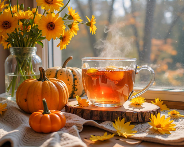 Cozy Autumn Scene with Tea, Flowers, and Pumpkins