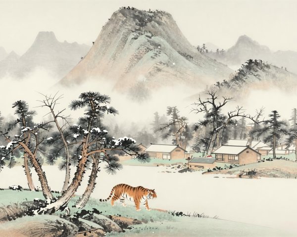Asian Ink Painting of Winter Mountain Landscape