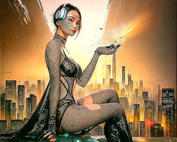 Futuristic female character with headphones on high-rise in cyberpunk cityscape at sunset