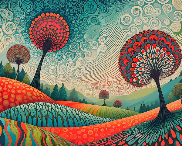 Whimsical Landscape with Oversized Colorful Trees