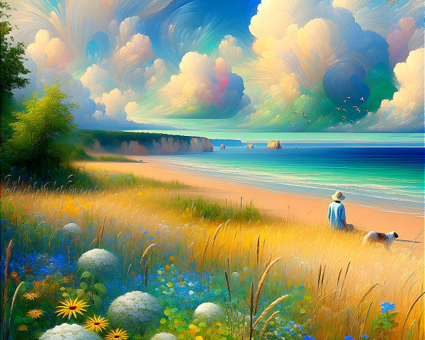 Serene Beach Scene with Vibrant Sky and Greenery