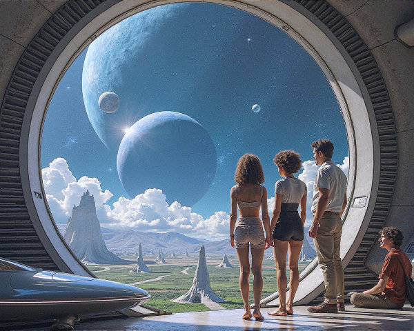 Futuristic Doorway Overlooking Alien Landscape with Planets