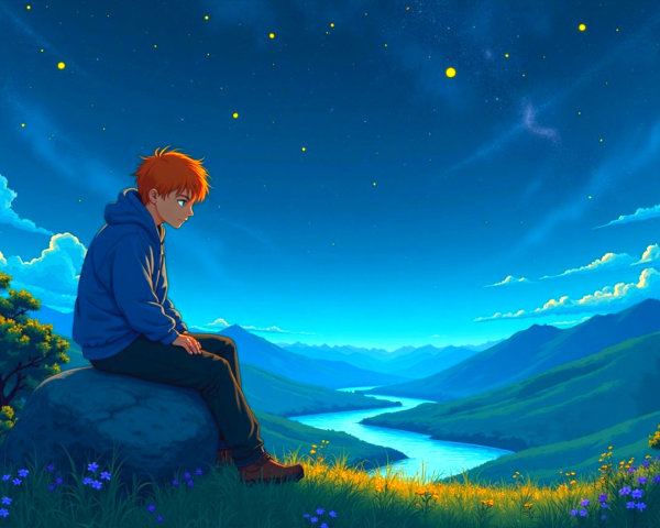 Young boy with orange hair by serene river in valley