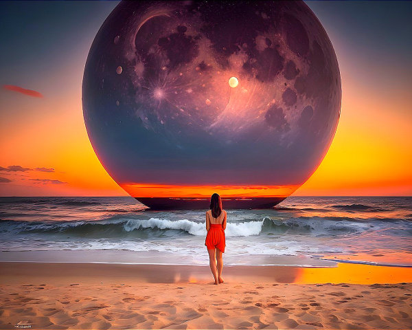 Woman admires surreal moon on beach at sunset