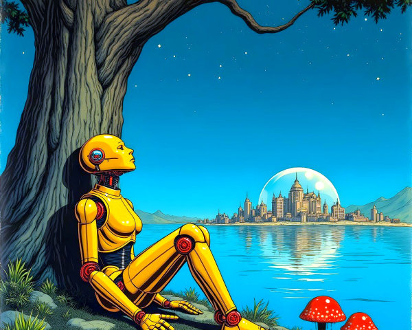 Yellow Robot Under Tree by Serene Lake and City Skyline