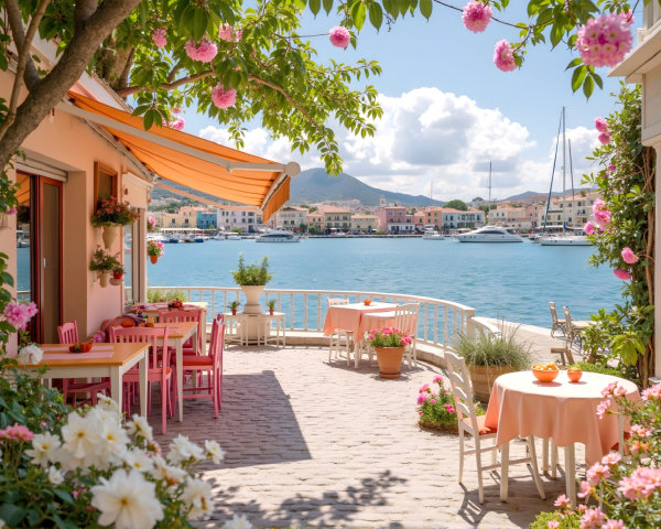 Serene Waterfront Scene with Cozy Tables and Flowers