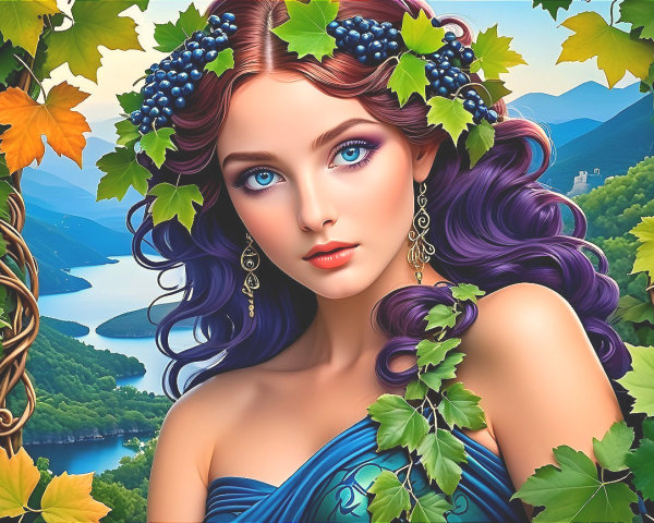 Young woman in nature with vines and grape clusters