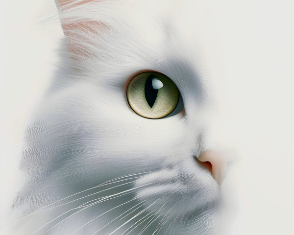 Portrait of a fluffy white cat with green eye and pink nose