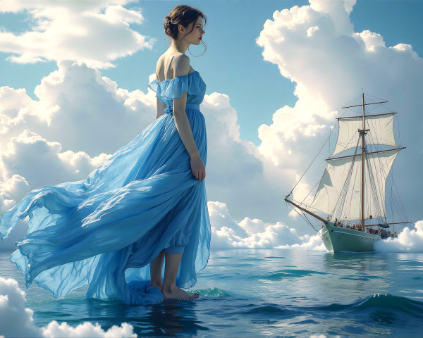 Young woman in blue dress by tranquil water and ship