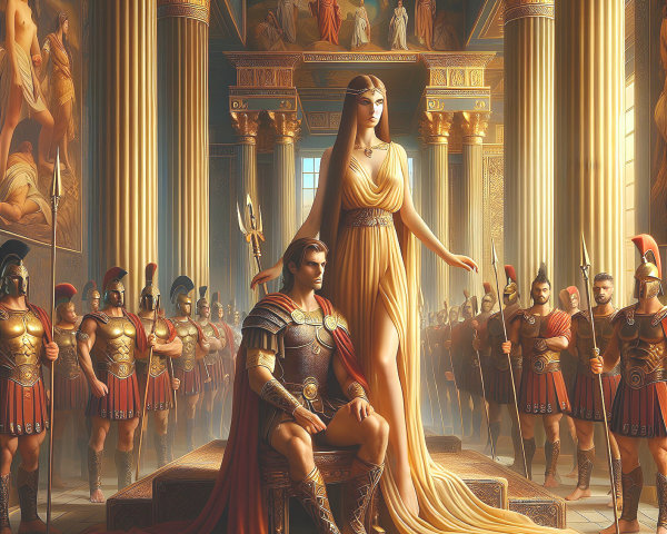 Regal Woman and Warrior in Grand Hall Setting