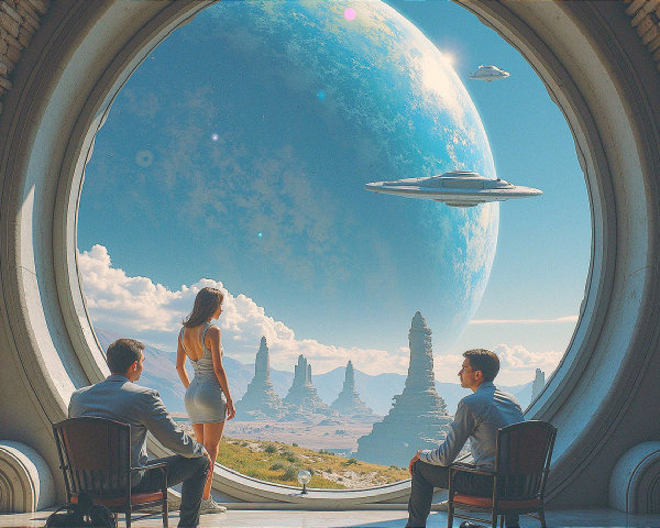 Futuristic Scene with Figures and Alien Landscape