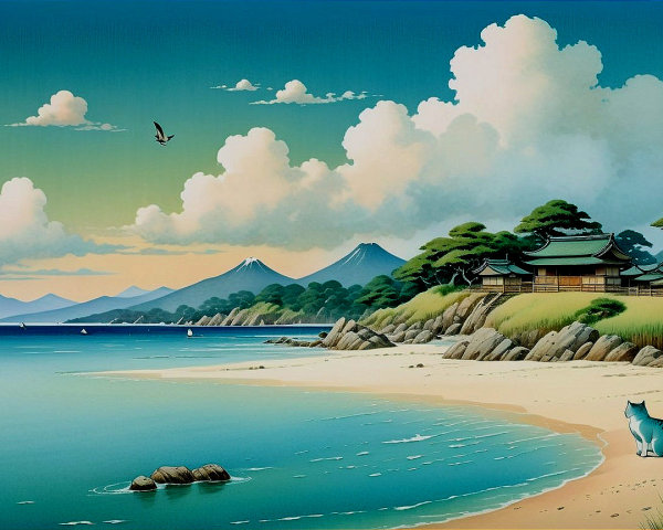 Serene Coastal Scene with Beach and Lush Mountains