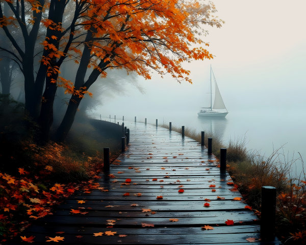 Serene Autumn Pathway by Misty Lake with Sailboat