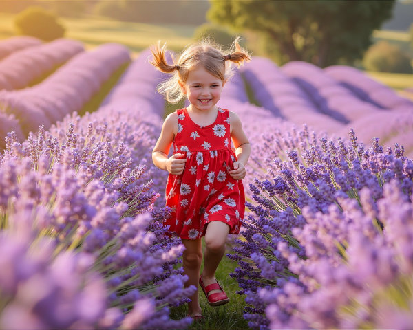 Child in Red Dress Running Through Lavender Field