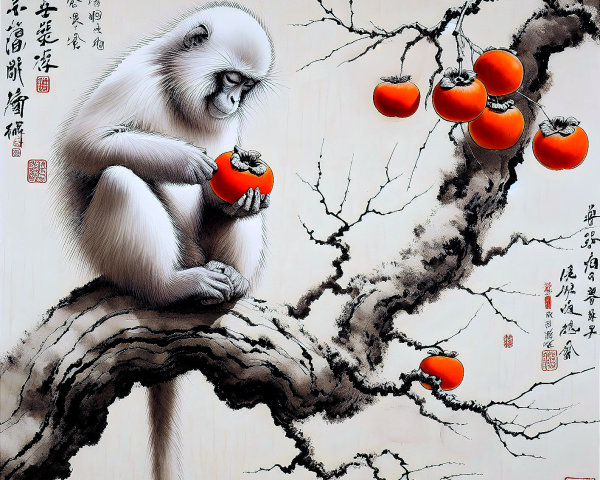 Monkey on Branch with Persimmon and Misty Background