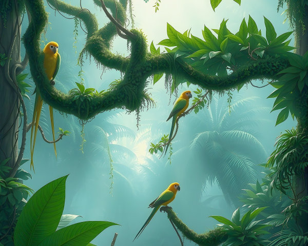 Lush Jungle Scene with Colorful Birds and Foliage