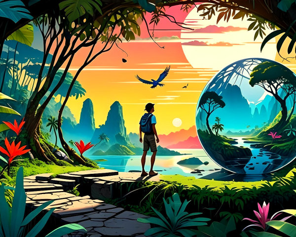 Young Explorer on Stone Path in Vibrant Landscape