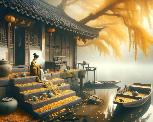 Traditional Asian House by Tranquil River Scene