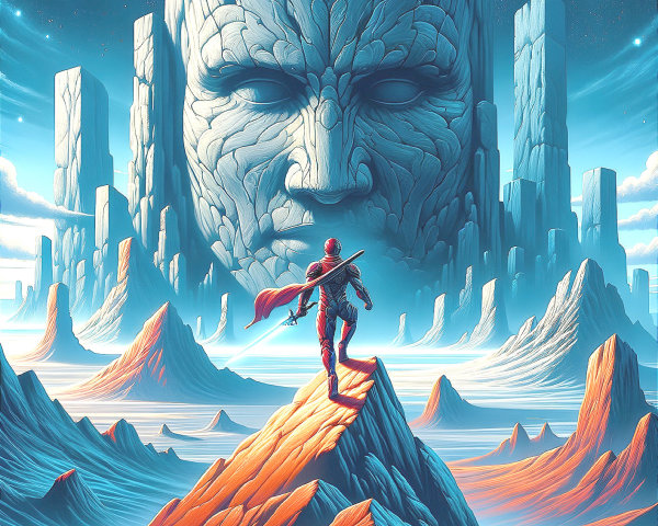 Lone Figure on Mountain Peak with Stone Face Carving