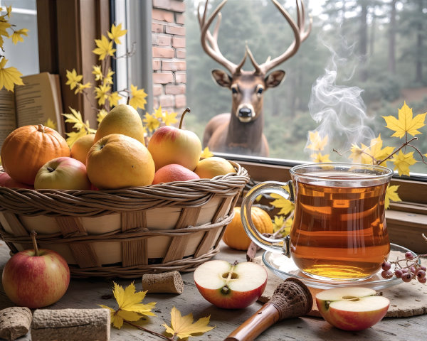 Cozy Autumn Scene with Apples, Pumpkins, and Deer