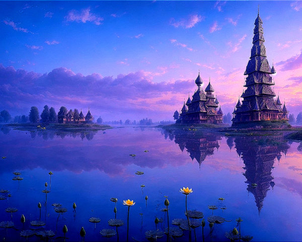 Tranquil twilight scene: Wooden buildings, serene lake, water lilies, dusky purple sky