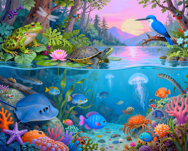 Freshwater Habitat Cross-Section with Diverse Wildlife