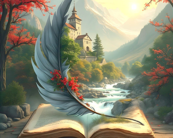 Open Book in Serene Landscape with Quill and Castle