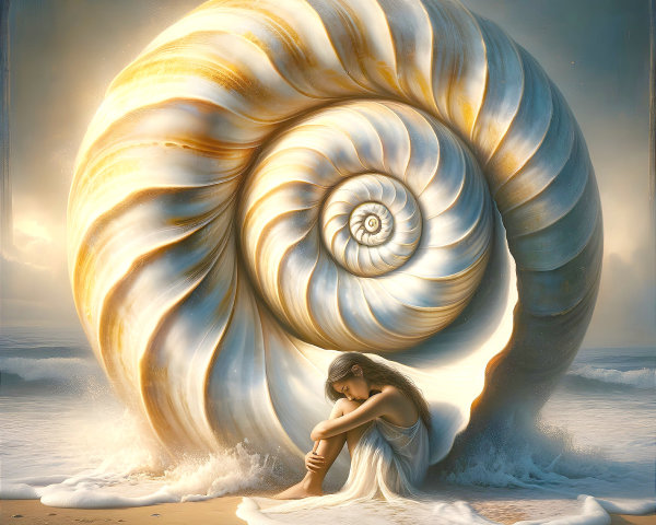 Giant Seashell on Shore with Girl in White Dress