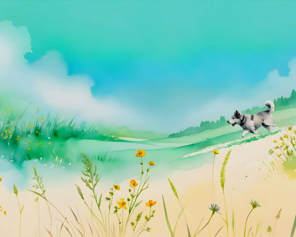 Playful Dog in Vibrant Natural Landscape Illustration