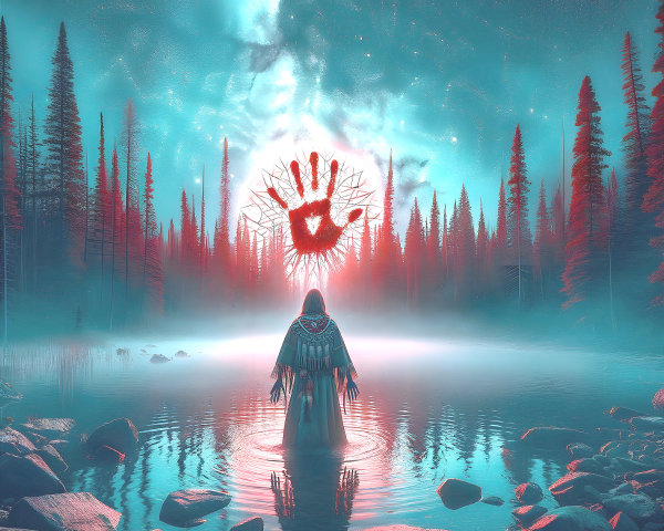Mysterious Figure in Traditional Attire by Tranquil Lake