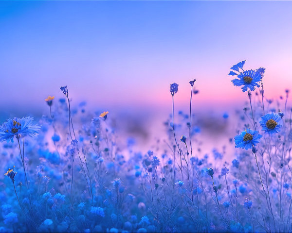 Twilight wildflowers in soft blue and pink hues