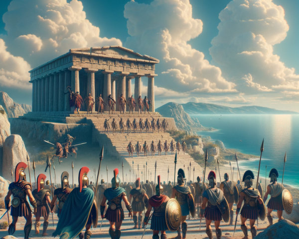 Armored Warriors Approaching Ancient Temple Landscape