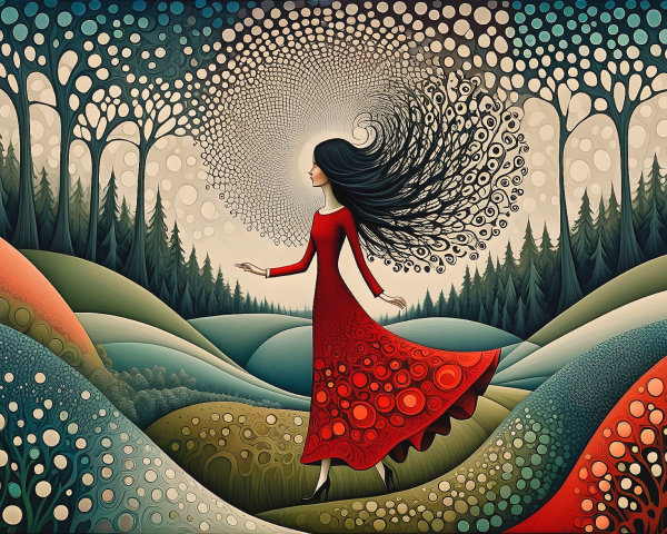 Whimsical Illustration of a Woman in a Red Dress
