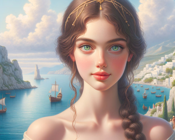 Young Woman in Coastal Landscape with Sailboats