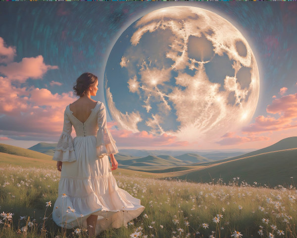 Woman in White Dress in Lush Meadow Under Moonlight