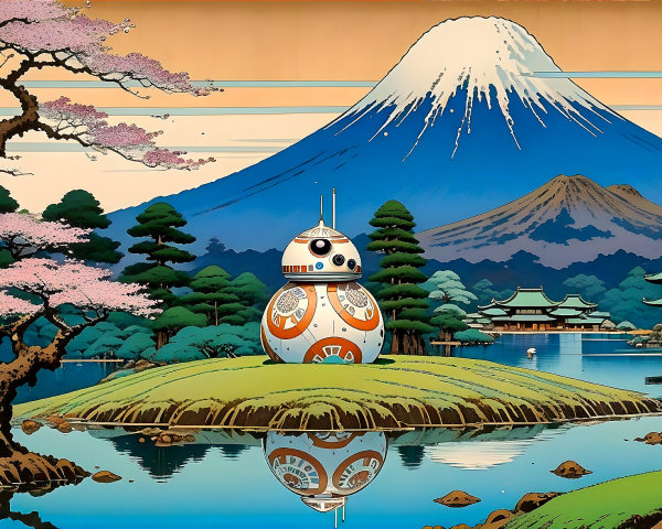 Stylized BB-8 Droid on Island with Mount Fuji Background