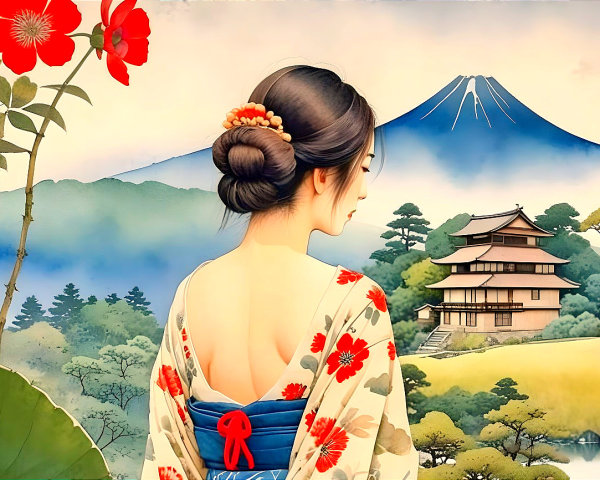 Serene Landscape with Woman in Floral Kimono
