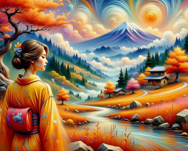 Serene landscape with a woman in a kimono by Mount Fuji
