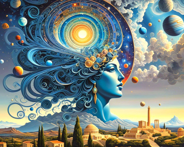Dreamlike Cosmic Scene with Woman's Profile and Landscapes