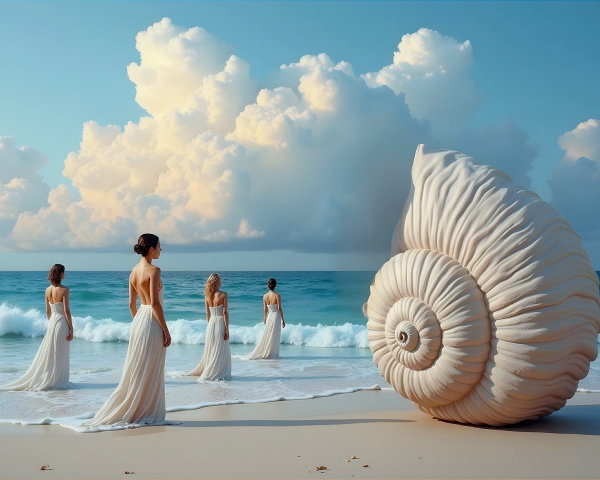 Figures in White Dresses by Serene Beach and Seashell