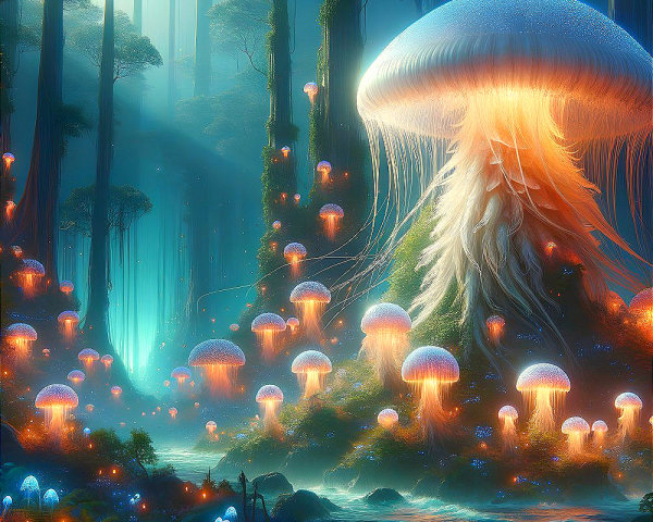 Magical forest with glowing jellyfish and bioluminescent plants