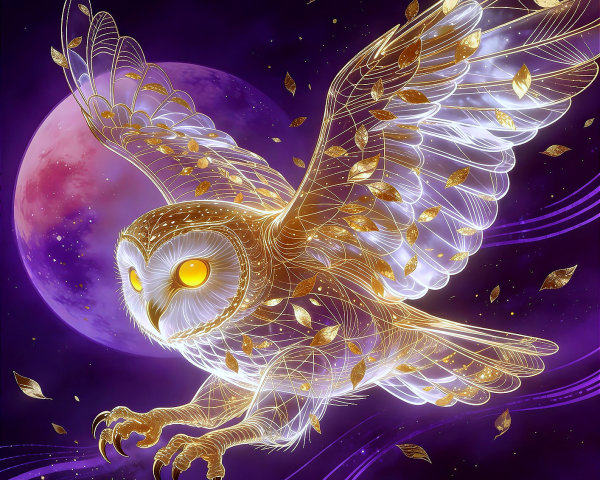 Glowing Owl with Gold Leaves on Dark Astrological Background