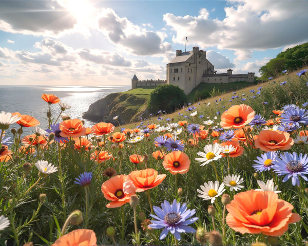 Majestic castle on a green cliff by the sea